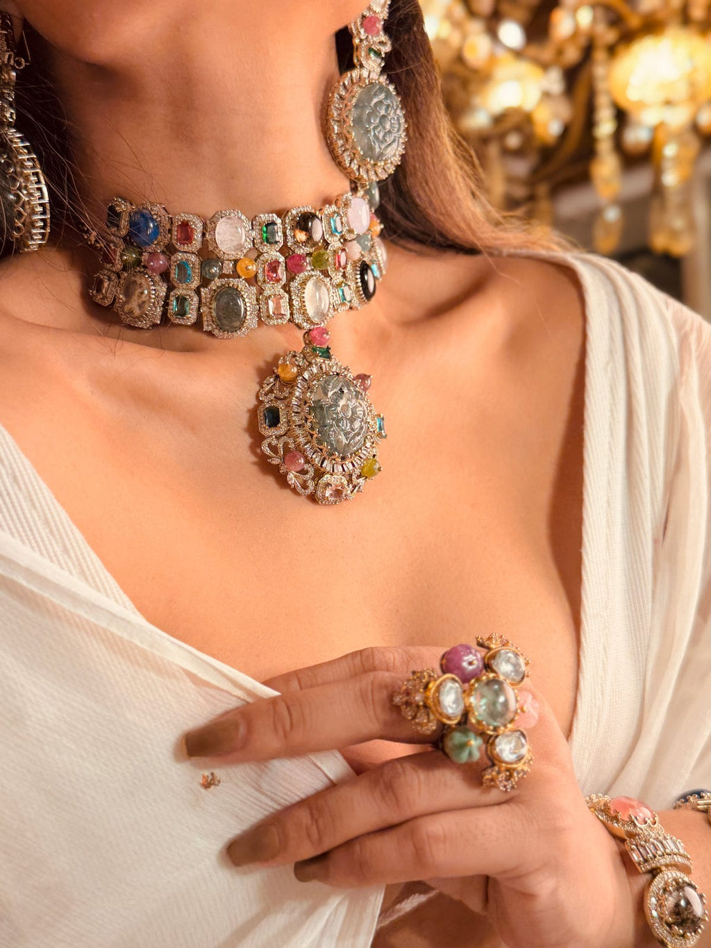 Premium Quality Navratan Sabyasachi Replica Kundan Necklace Full SetElevate