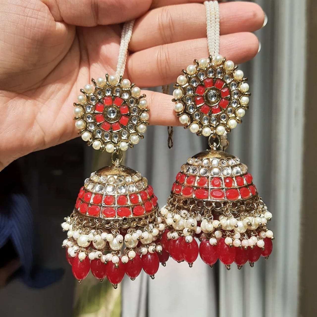 Oversized heavy kundan jhumki with pearl saharas/ jhumka with pearl earchain