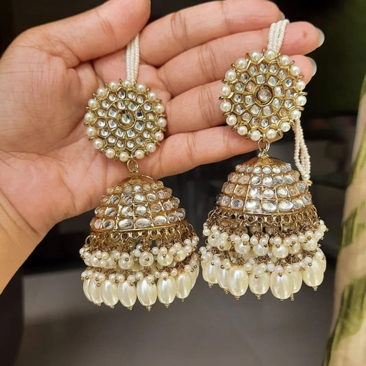 Oversized heavy kundan jhumki with pearl saharas/ jhumka with pearl earchain