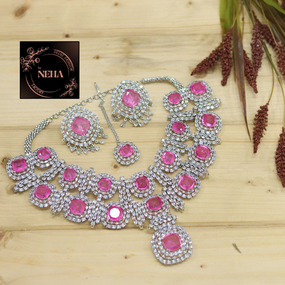 Alia Bhatt inspired diamond necklace set with earrings and tikka