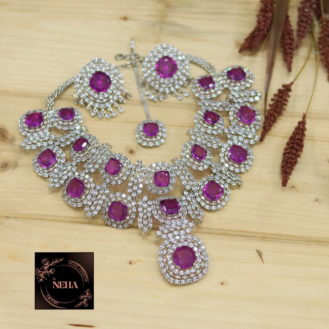 Alia Bhatt inspired diamond necklace set with earrings and tikka