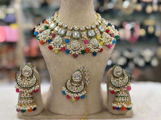 kundan necklace with earrings and tikka/ semi bridal necklace set