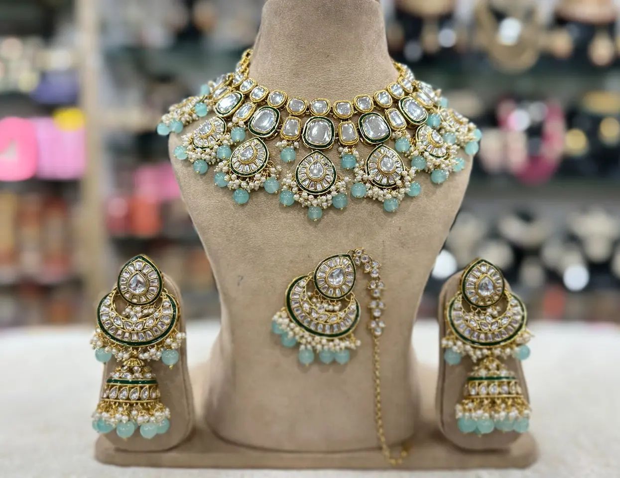 kundan necklace with earrings and tikka/ semi bridal necklace set