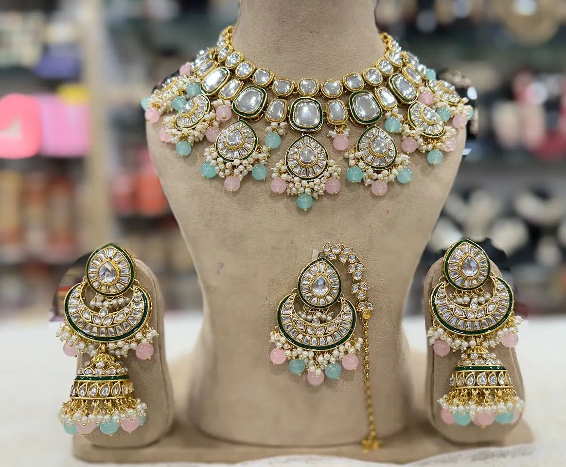 kundan necklace with earrings and tikka/ semi bridal necklace set