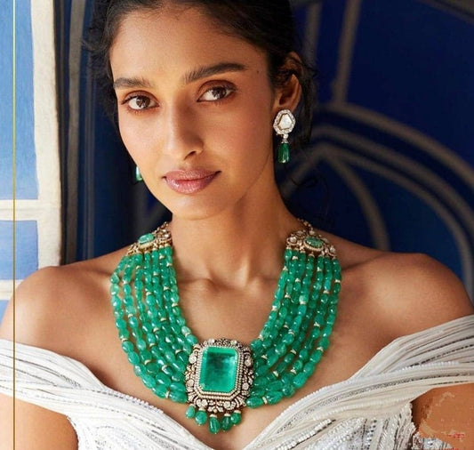 Sabyasachi Inspired Fine Quality Layered Long Emerald Green Faux Zirconium Polki Kundan Necklace Set