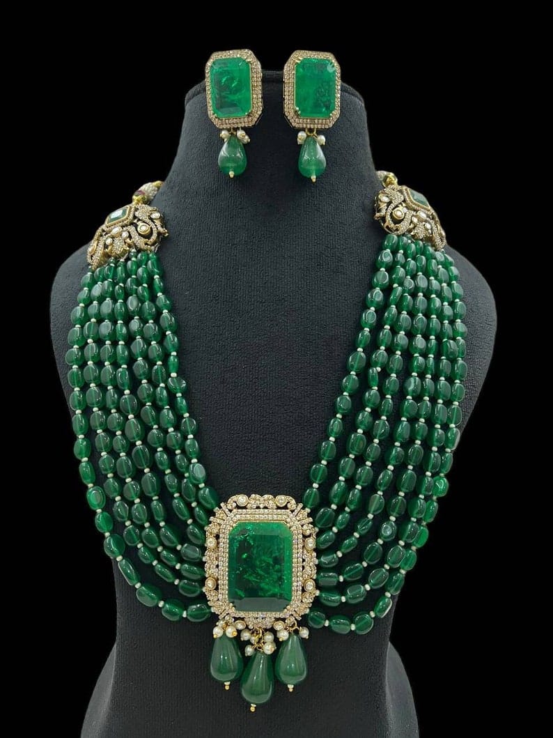 Sabyasachi Inspired Fine Quality Layered Long Emerald Green Faux Zirconium Polki Kundan Necklace Set