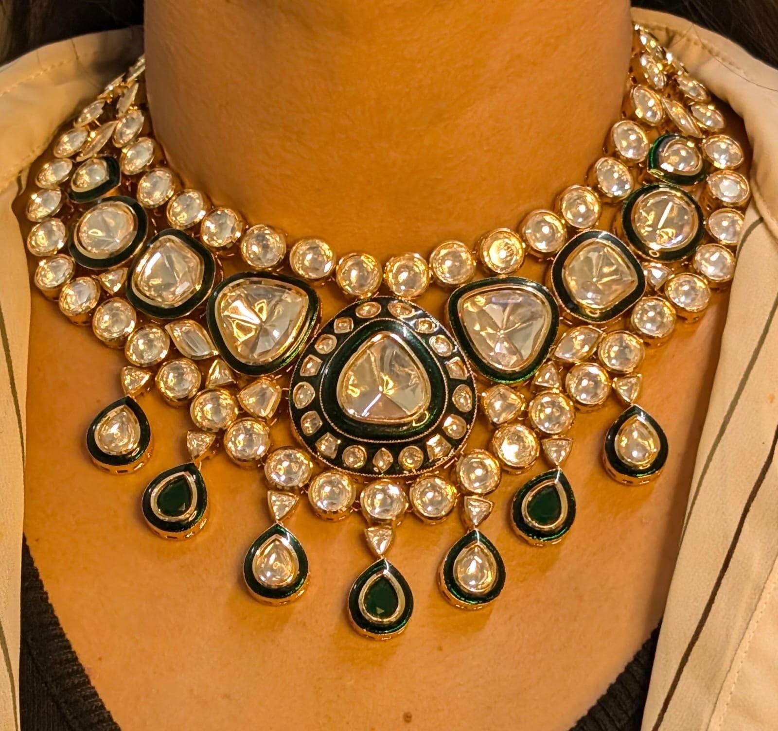 Moissanite and uncut premium Polki Kundan, green meena, 18 carat gold plating, life time anti-tarnish guarantee
