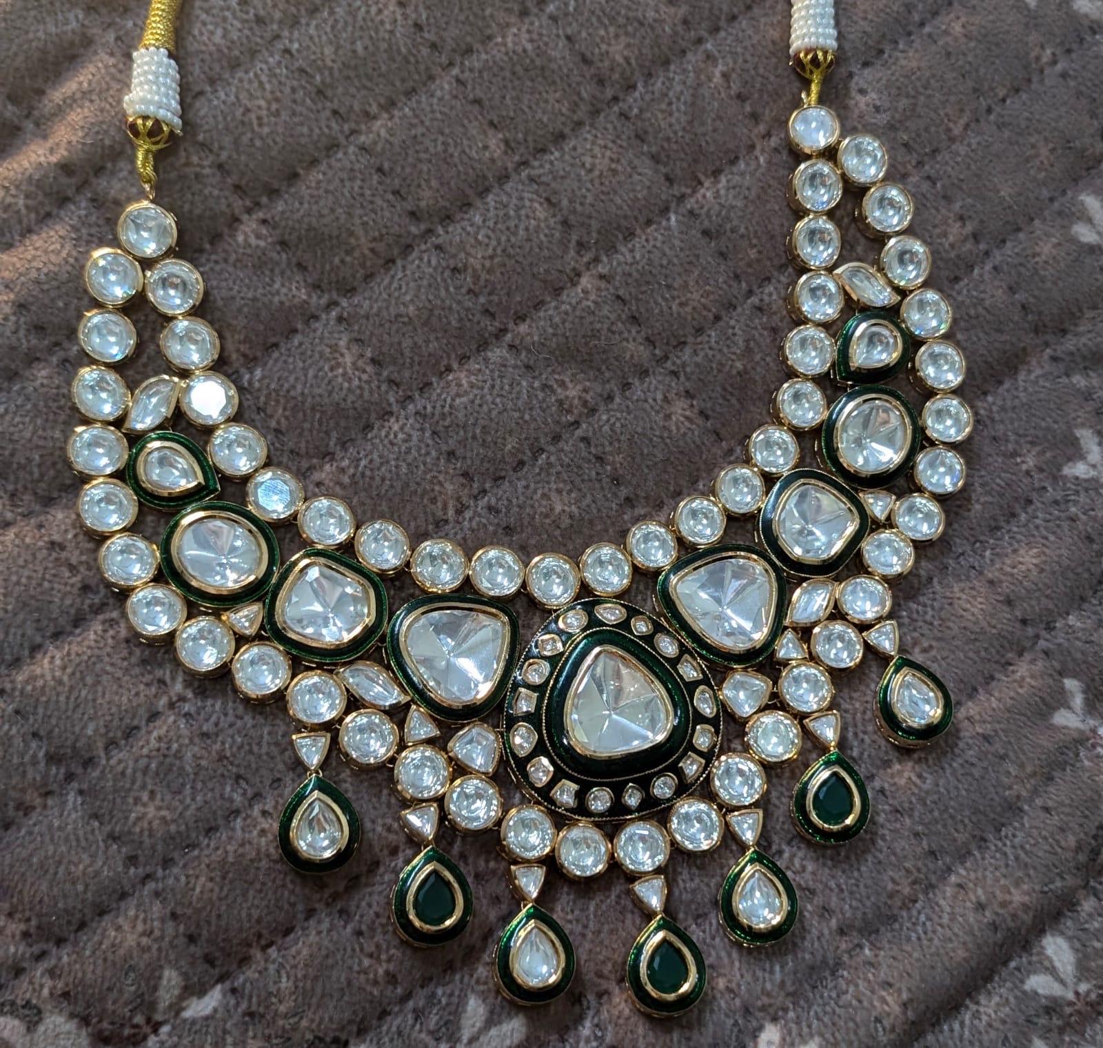 Moissanite and uncut premium Polki Kundan, green meena, 18 carat gold plating, life time anti-tarnish guarantee