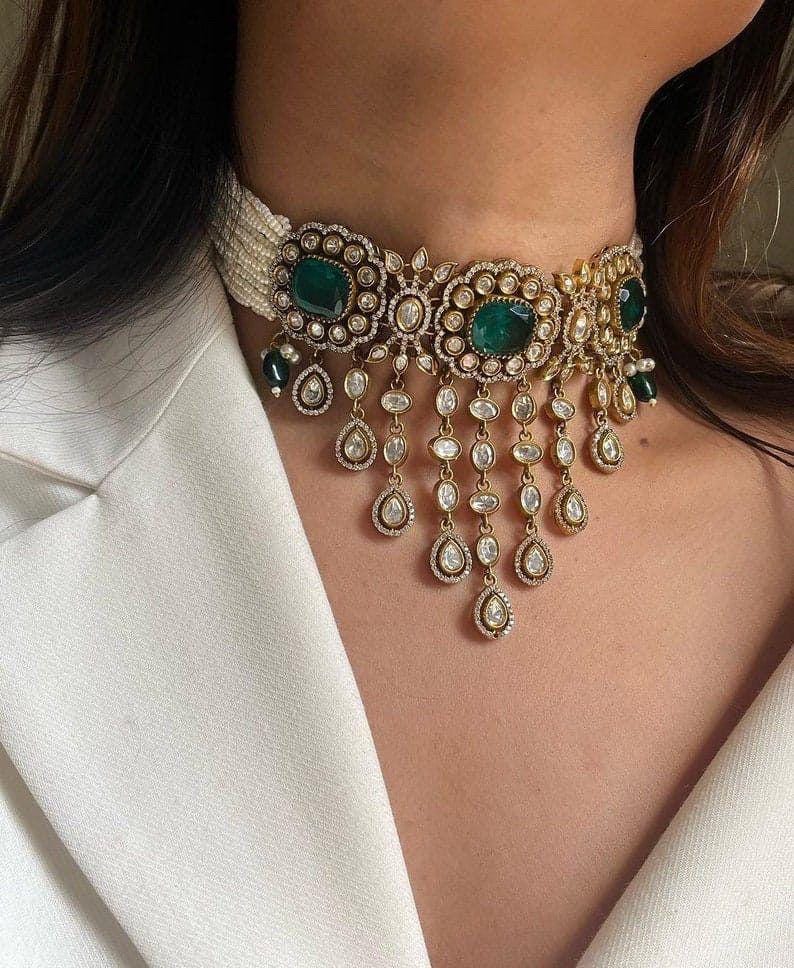 Sabyasachi inspired green uncut kundan Victorian choker set with earrings/ doublets necklace set