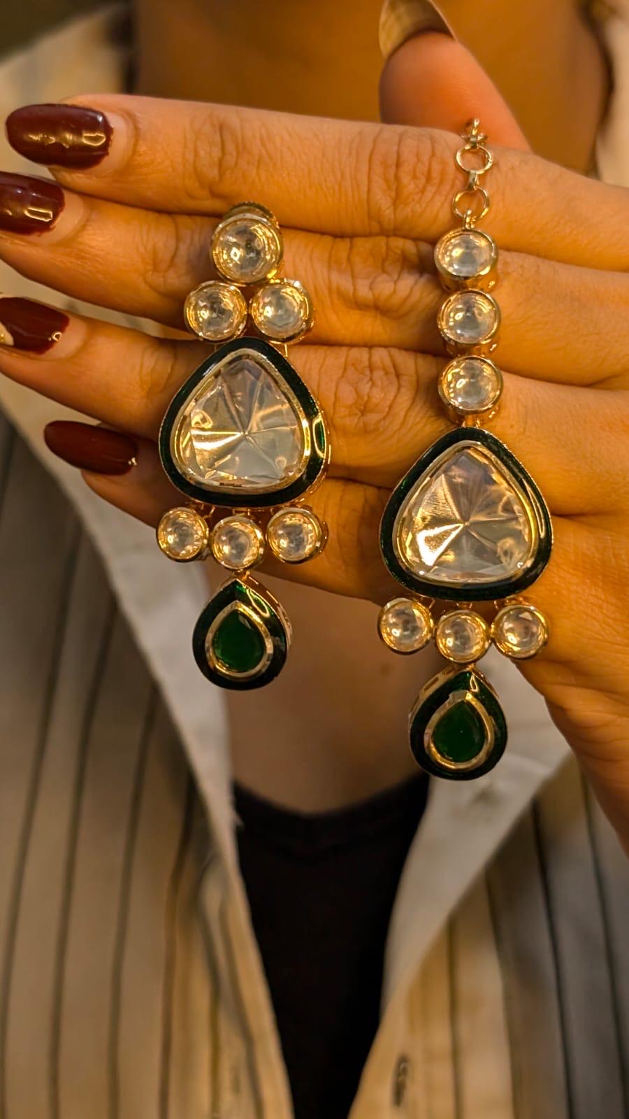 Moissanite and uncut premium Polki Kundan, green meena, 18 carat gold plating, life time anti-tarnish guarantee