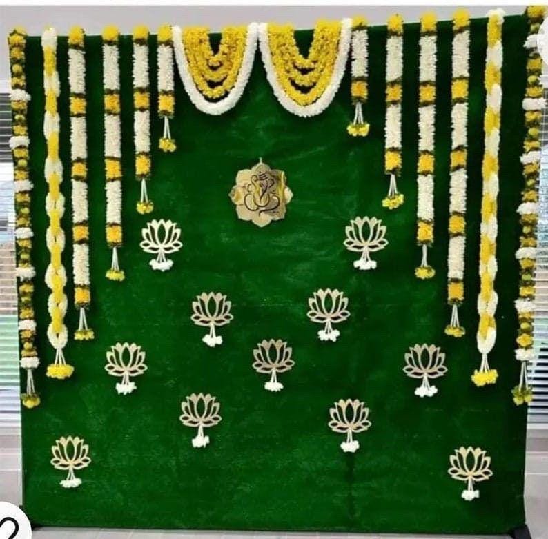 complete set of fabric garlands with lotus , ganesha and green backdrop/ ganpati backdrop set