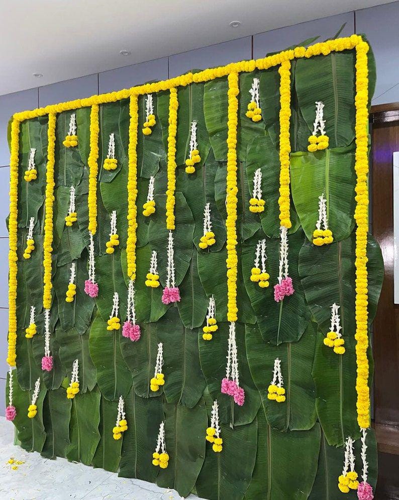 Lotus fabric banana leaf backdrop set for Housewarming /green  backdrop set / ganapti Pooja decoration set/Diwali Decor / Green Backdrop Set