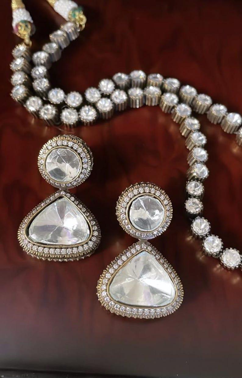 Victorian uncut kundan 3 stone long necklace set with earrings/ mossanite necklace set