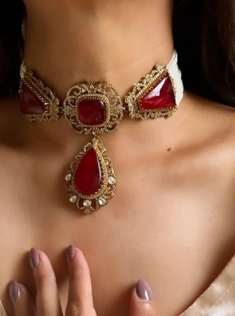 Red Victorian Gold Sabyasachi inspired uncut polki Kundan choker Necklace,Indian Bridal Jewelry,Bollywood Sabyasachi Necklace