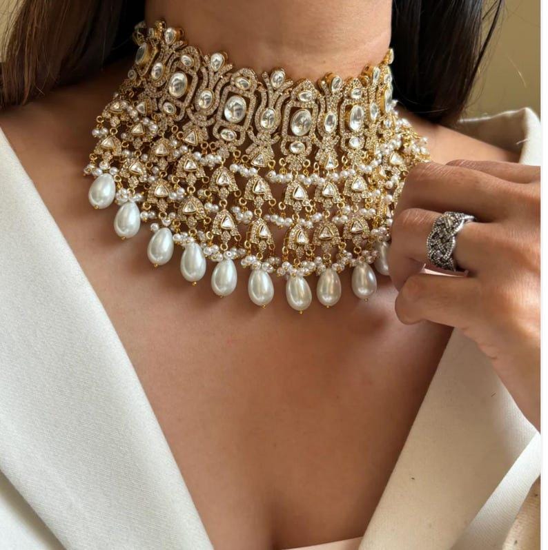 Bridal Gold Pearl zirconia Fine Kundan Gold Plated Necklace Set/ Indian Pakistani Wedding Set/Gold fine kundan bridal jewelry/ ad jewelry