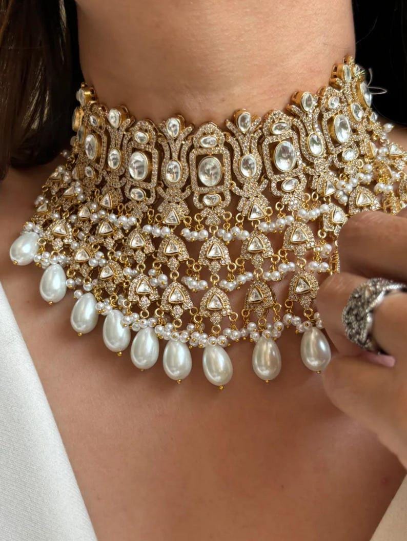 Bridal Gold Pearl zirconia Fine Kundan Gold Plated Necklace Set/ Indian Pakistani Wedding Set/Gold fine kundan bridal jewelry/ ad jewelry