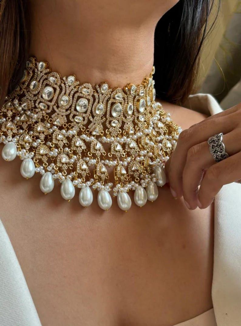 Bridal Gold Pearl zirconia Fine Kundan Gold Plated Necklace Set/ Indian Pakistani Wedding Set/Gold fine kundan bridal jewelry/ ad jewelry