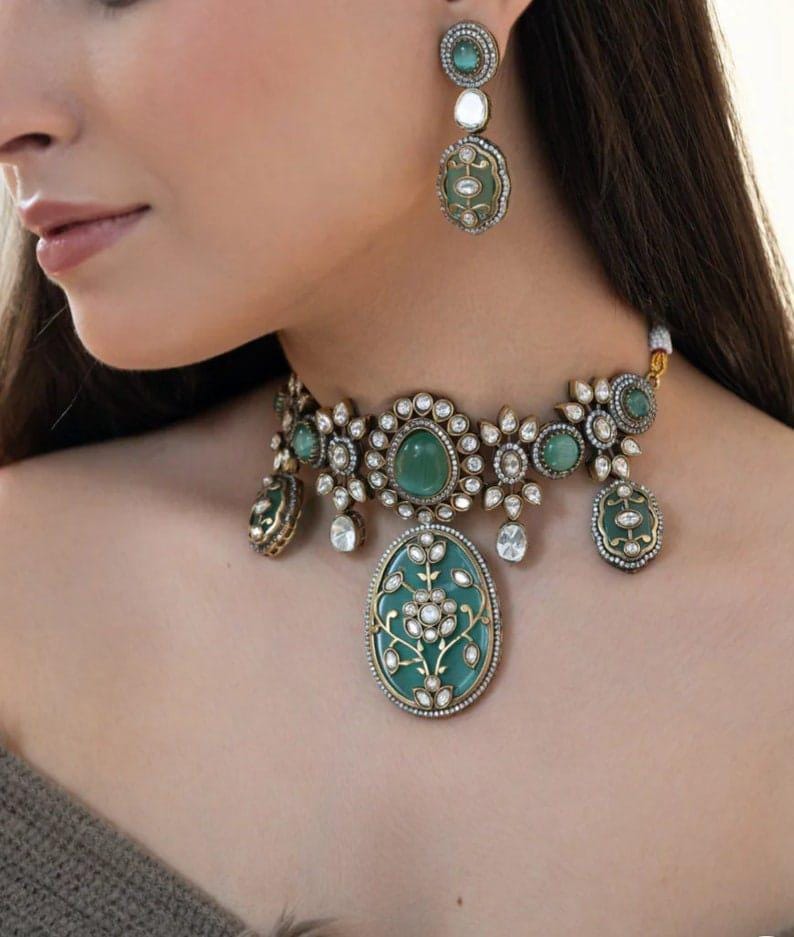 Light blue Victorian Choker Indian Jewelry Sabyasachi Jewelry Emerald Indian Choker set