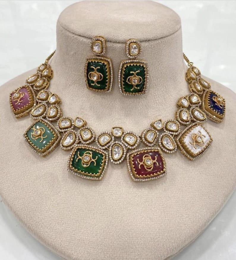 Sabyasachi Inspired Victorian Multicolor Navratan Kundan Polki Bollywood Jewelry Set Ambani Jewelry