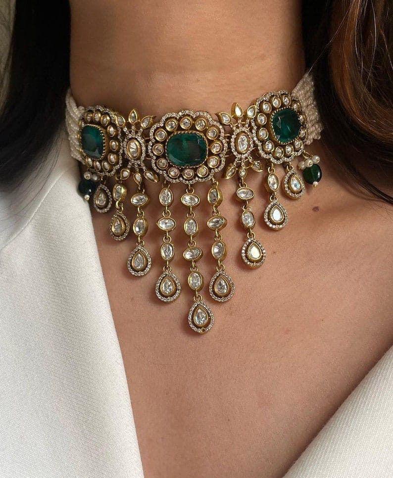 Sabyasachi inspired green uncut kundan Victorian choker set with earrings/ doublets necklace set