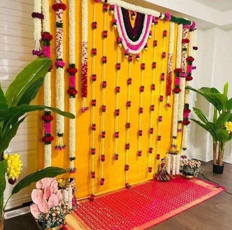 8*8 Feet fabric Garlands Complete Backdrop Set for Housewarming Decor / Ganpati Decor / Wedding Decor / Haldi Decor