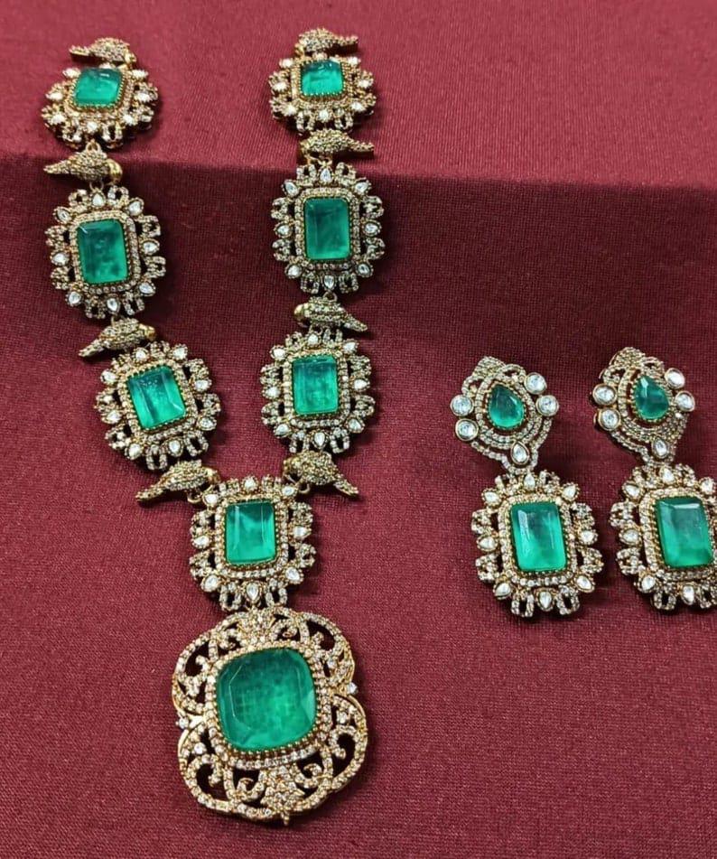 Emerald green Victorian doublets statement long necklace set with earrings/ Victorian necklace set/ sabyasachi jewelry