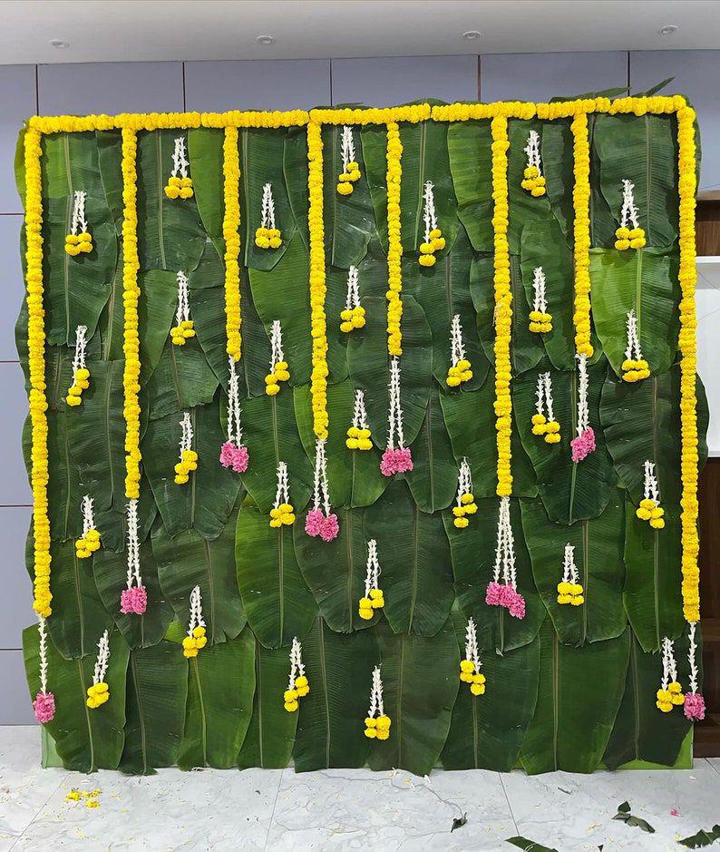 Lotus fabric banana leaf backdrop set for Housewarming /green  backdrop set / ganapti Pooja decoration set/Diwali Decor / Green Backdrop Set
