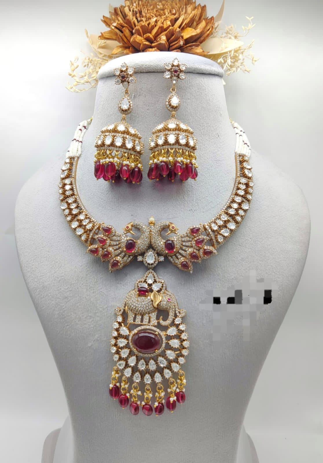 Mossanite Victorian statement necklace set with earrings/ statement elephant set