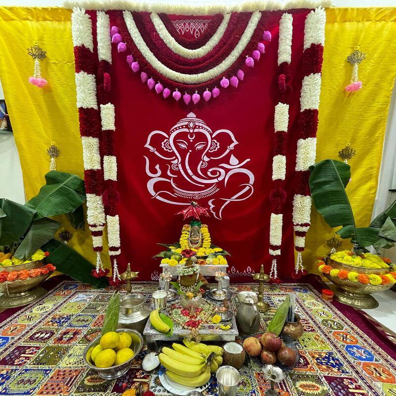 8*8 complete fabric garlands backdrop set for ganpati decor / ganpati backdrop set/ mandir decor
