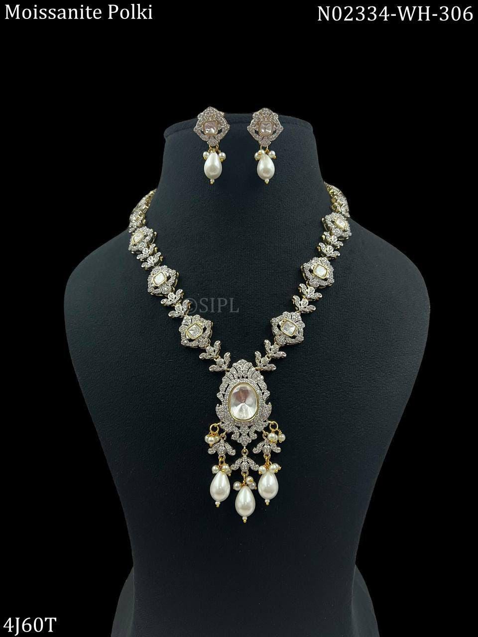 American diamond victorian mossanite polki necklace set with earrings