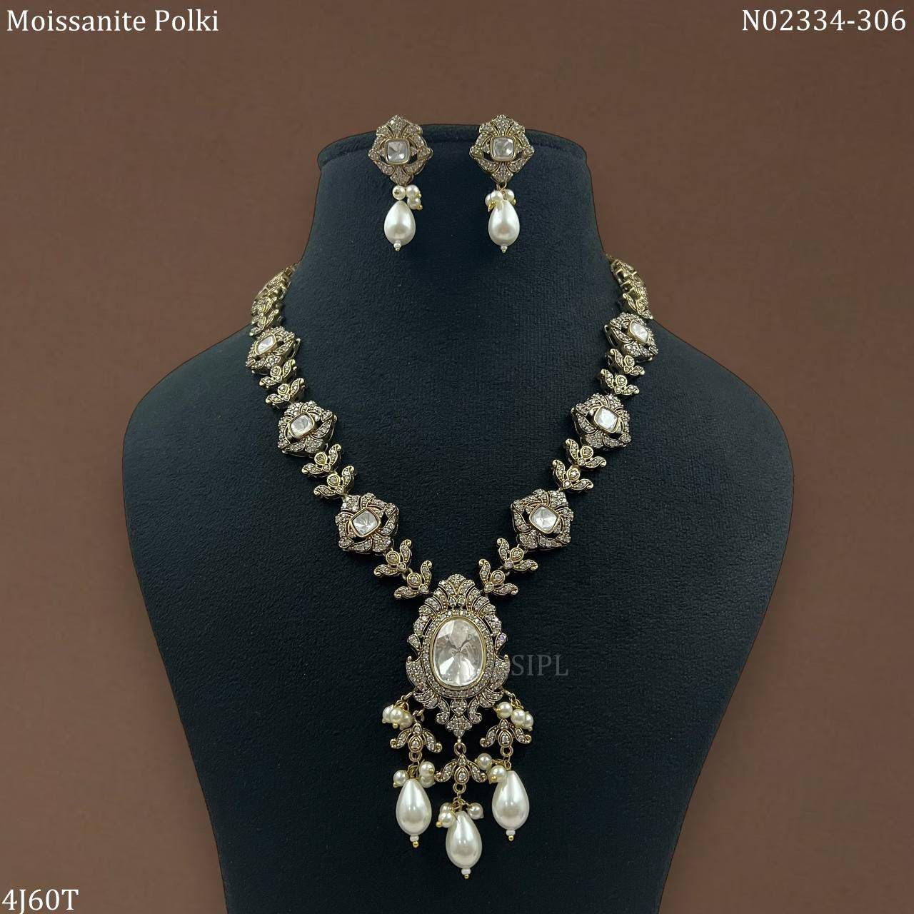 American diamond victorian mossanite polki necklace set with earrings