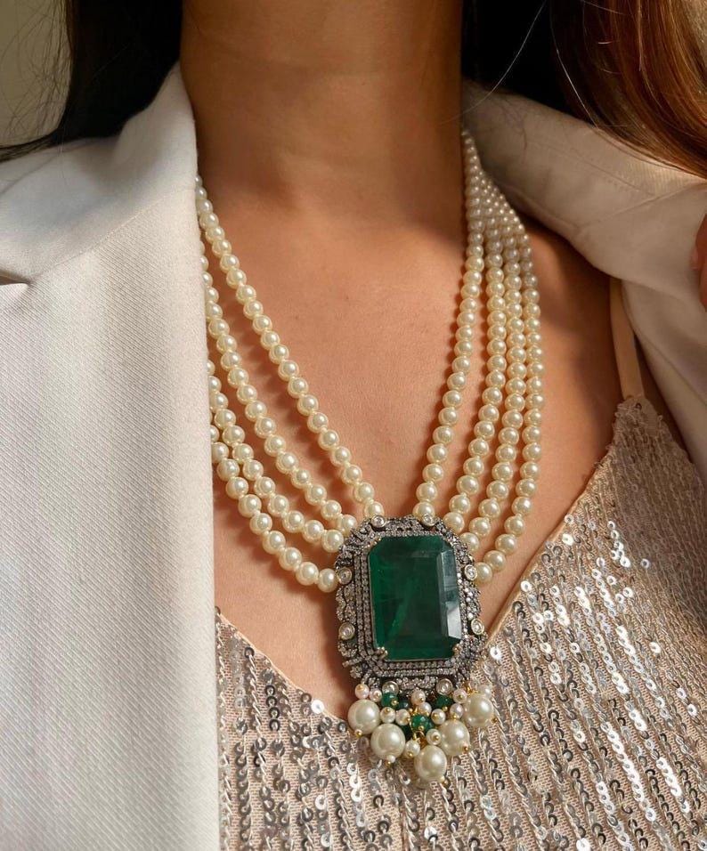 Premium Long Multilayered Victorian Emerald Green Pearl White Pendant Necklace Set With Stud Earrings Sabysachi Jewelry set