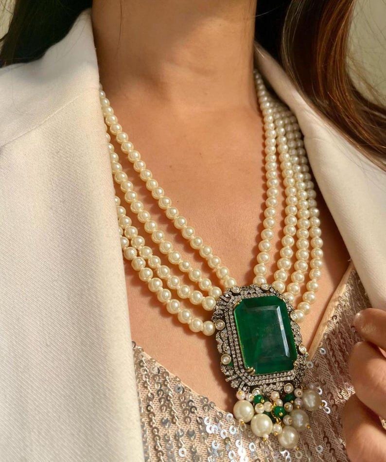 Premium Long Multilayered Victorian Emerald Green Pearl White Pendant Necklace Set With Stud Earrings Sabysachi Jewelry set