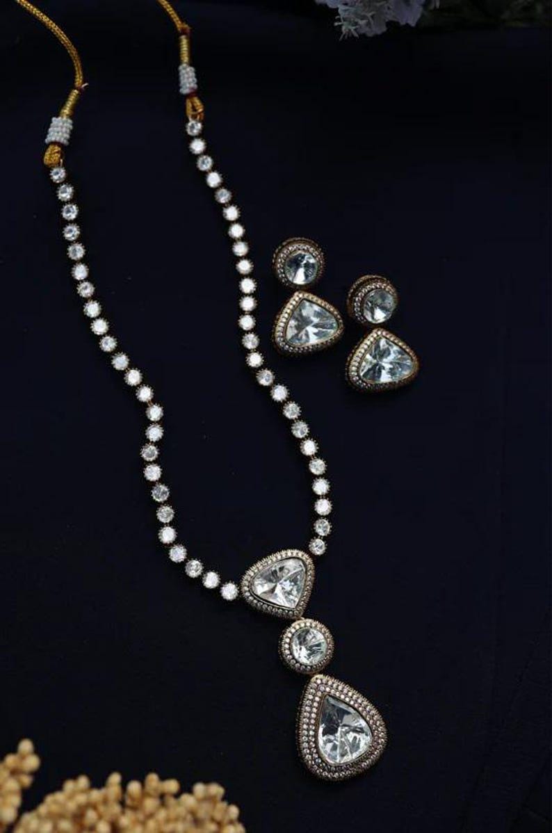 Victorian uncut kundan 3 stone long necklace set with earrings/ mossanite necklace set