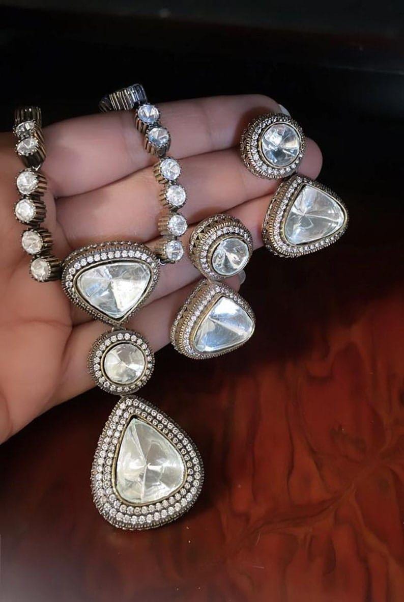 Victorian uncut kundan 3 stone long necklace set with earrings/ mossanite necklace set