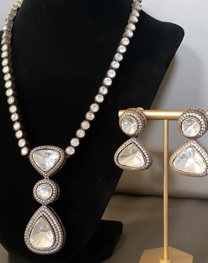 Victorian uncut kundan 3 stone long necklace set with earrings/ mossanite necklace set