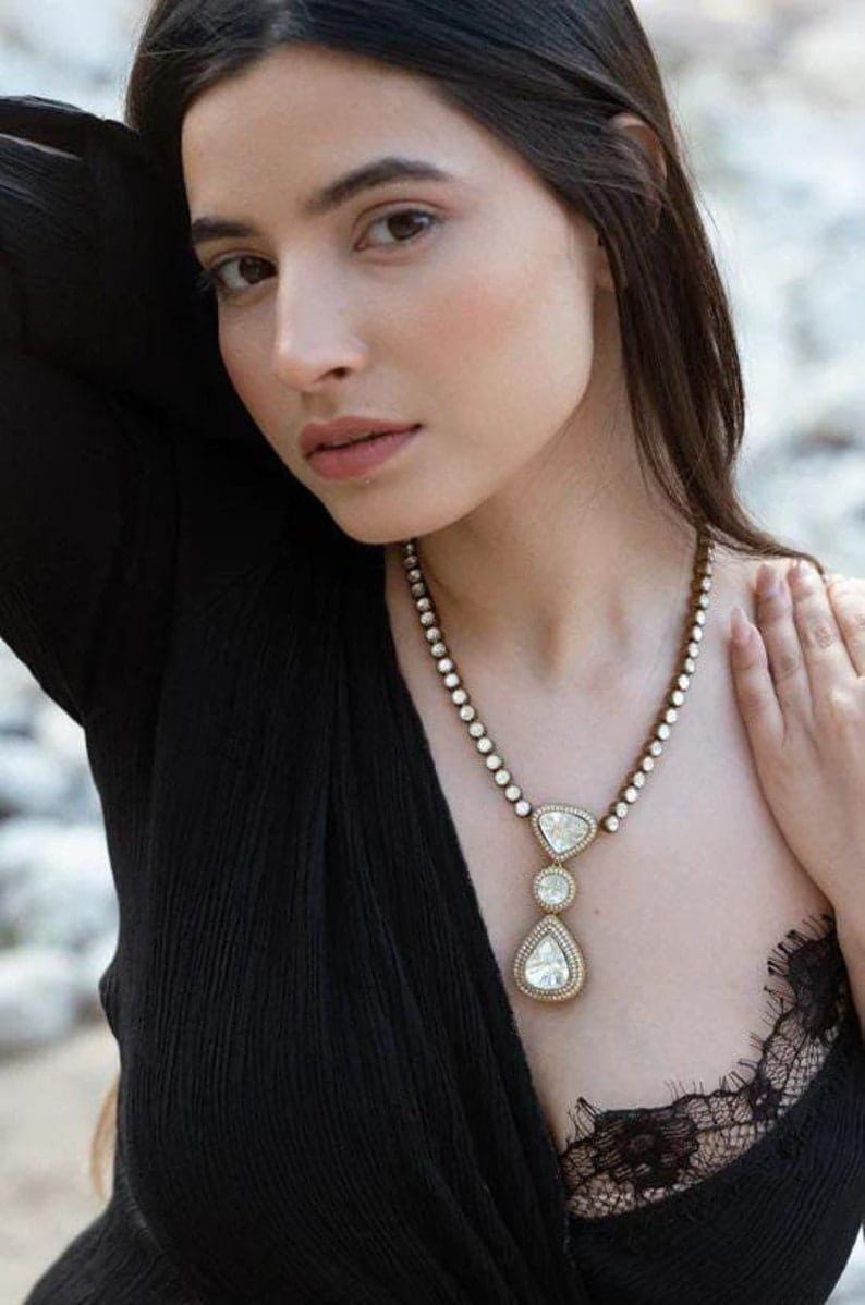 Victorian uncut kundan 3 stone long necklace set with earrings/ mossanite necklace set