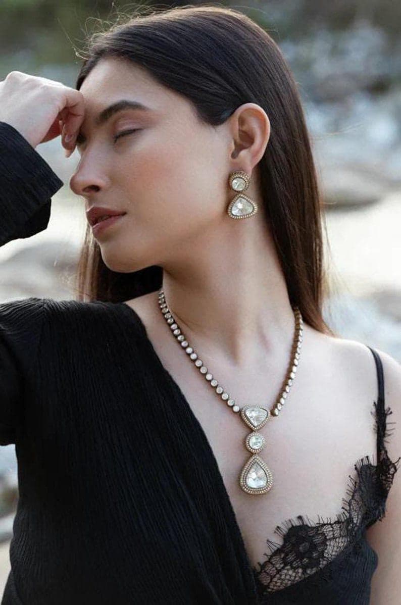 Victorian uncut kundan 3 stone long necklace set with earrings/ mossanite necklace set
