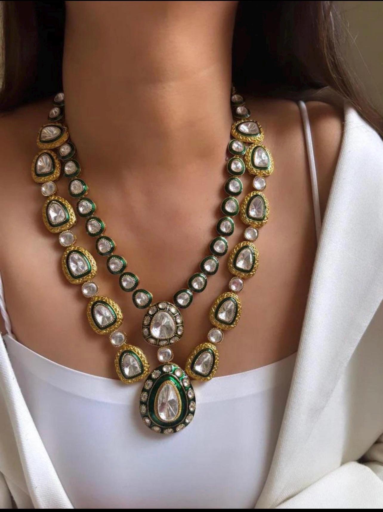 Royal Gold Plated Sabysachi Inspired Moissanite Faux Kundan Green Meenakari Necklace With Long Earrings  Indian Pakistani  Wedding Jewelry