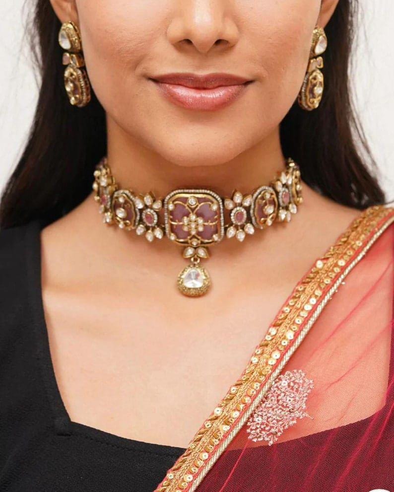 Victorian Pink Kundan Choker/Indian Necklace/Indian Choker/Indian Wedding Necklace Set/Pakistani Jewelry/Sabyasachi Choke set
