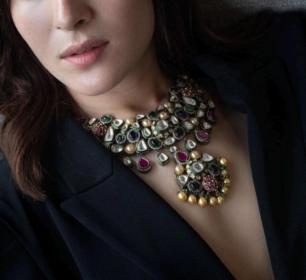 Sabyasachi Inspired Premium Victorian Fusion Uncut Polki Kundan Ruby Emerald Sapphire Pearl Statement Necklace set With Chaandbali Earrings
