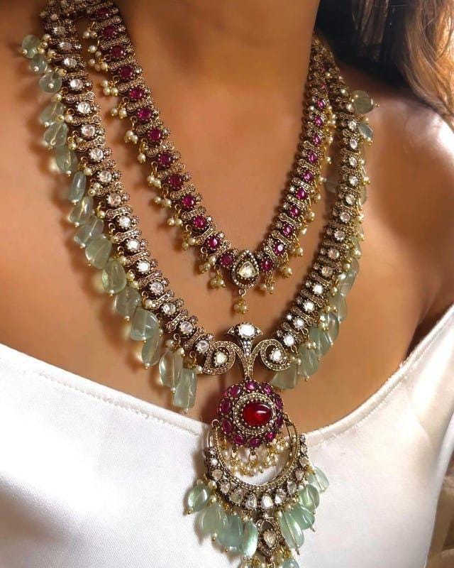 Royal Sabyasachi Inspired Ruby Red Emerald Green Two Layered Pendant Necklace With Earrings, Indian Pakistani Punjabi Wedding Jewelry Set