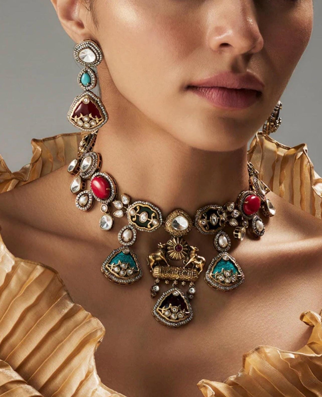 Premium Amrapali Inspired Victorian Gold Multi color Uncut Faux Polki Kundan Necklace With Earrings Indian Pakistani Designer Jewelry OOAK