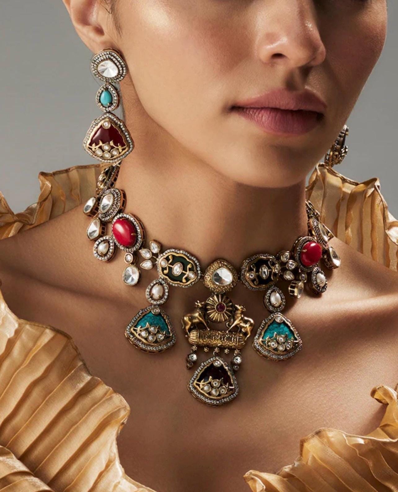 Premium Amrapali Inspired Victorian Gold Multi color Uncut Faux Polki Kundan Necklace With Earrings Indian Pakistani Designer Jewelry OOAK