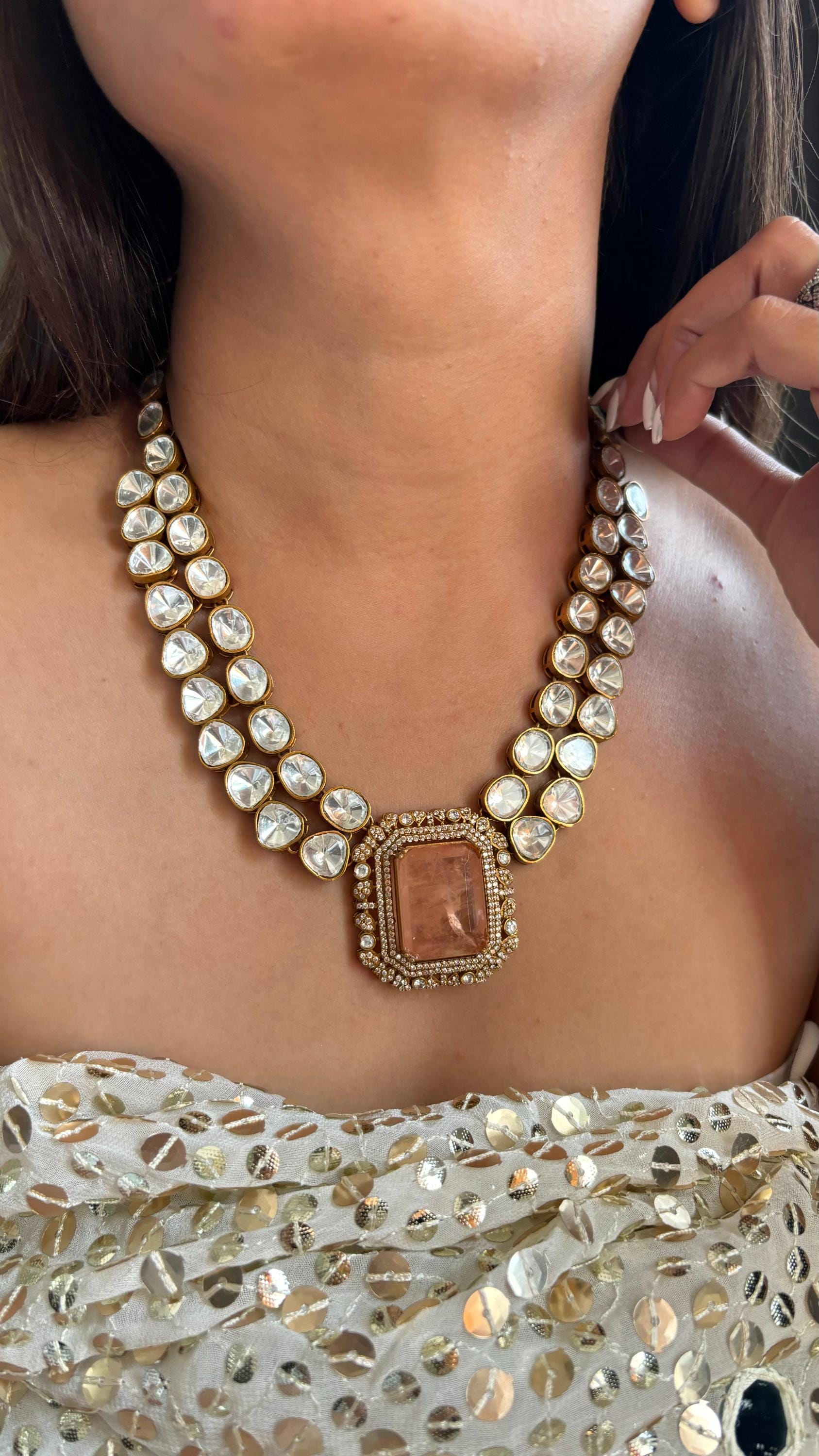 Peach Orange Uncut Polki Indian Necklace Set/Indian Jewelry/Pendent Set/Long Necklace/Bridal Necklace/Indian Wedding