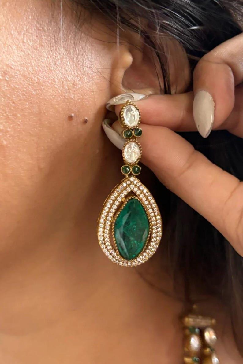 Gold Finish Emerald Green polki Doublet Stones Uncut Moissanite Polki Kundan Wedding Jewelry Necklace Set with Earings statment Jewelry