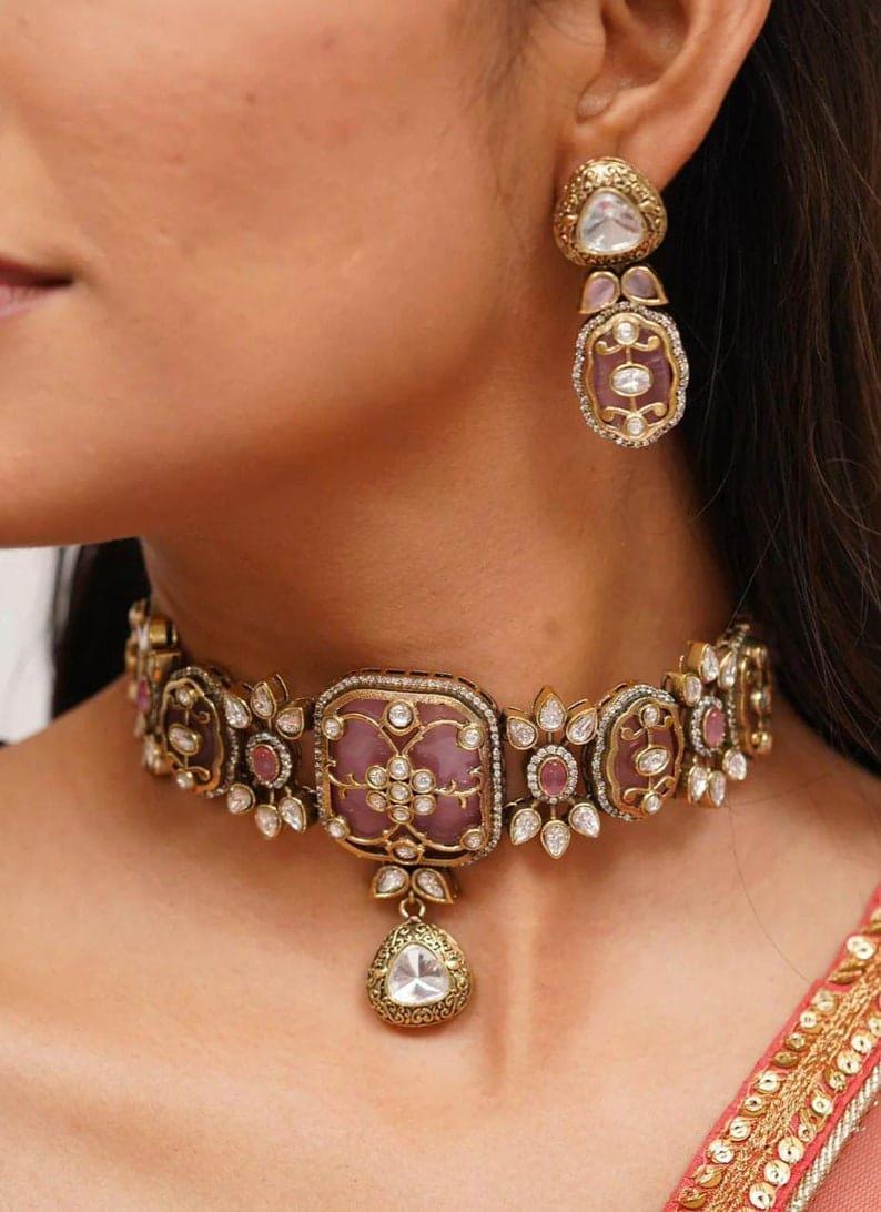 Victorian Pink Kundan Choker/Indian Necklace/Indian Choker/Indian Wedding Necklace Set/Pakistani Jewelry/Sabyasachi Choke set