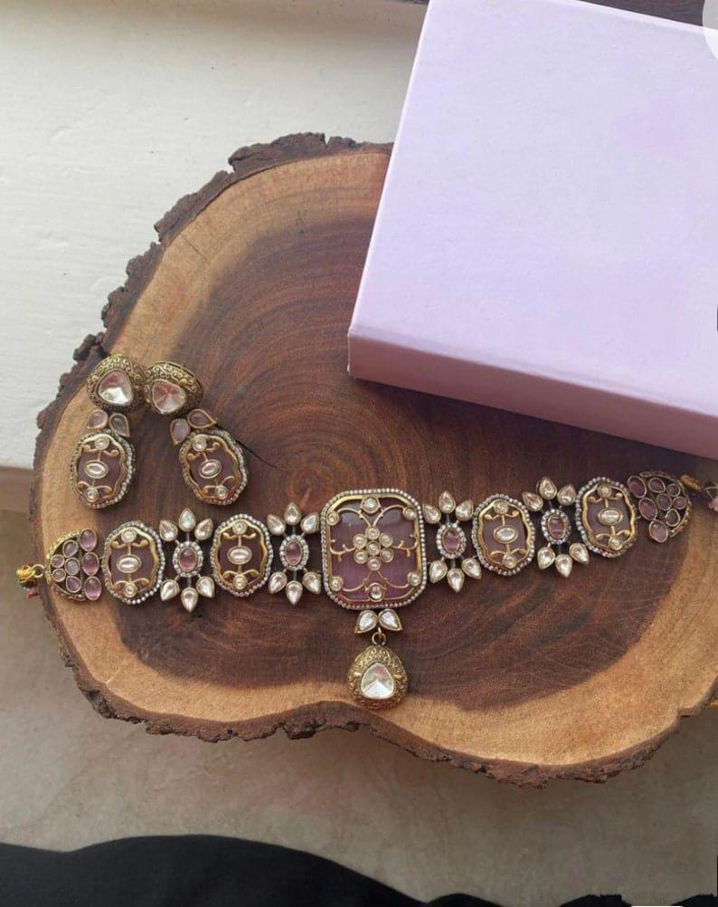 Victorian Pink Kundan Choker/Indian Necklace/Indian Choker/Indian Wedding Necklace Set/Pakistani Jewelry/Sabyasachi Choke set