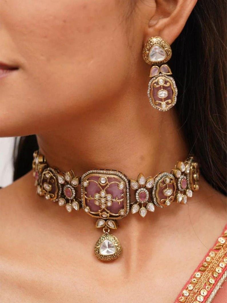 Victorian Pink Kundan Choker/Indian Necklace/Indian Choker/Indian Wedding Necklace Set/Pakistani Jewelry/Sabyasachi Choke set