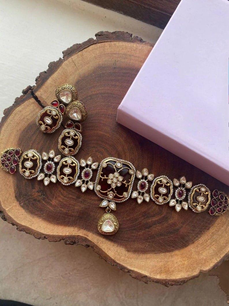 Victorian Pink Kundan Choker/Indian Necklace/Indian Choker/Indian Wedding Necklace Set/Pakistani Jewelry/Sabyasachi Choke set